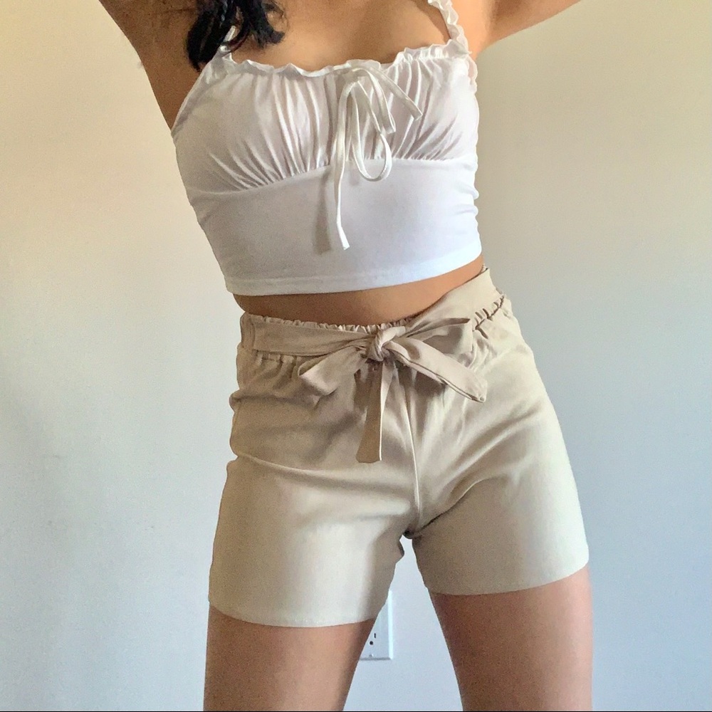 Tan Paperbag High-waisted Shorts w/ Front Tie